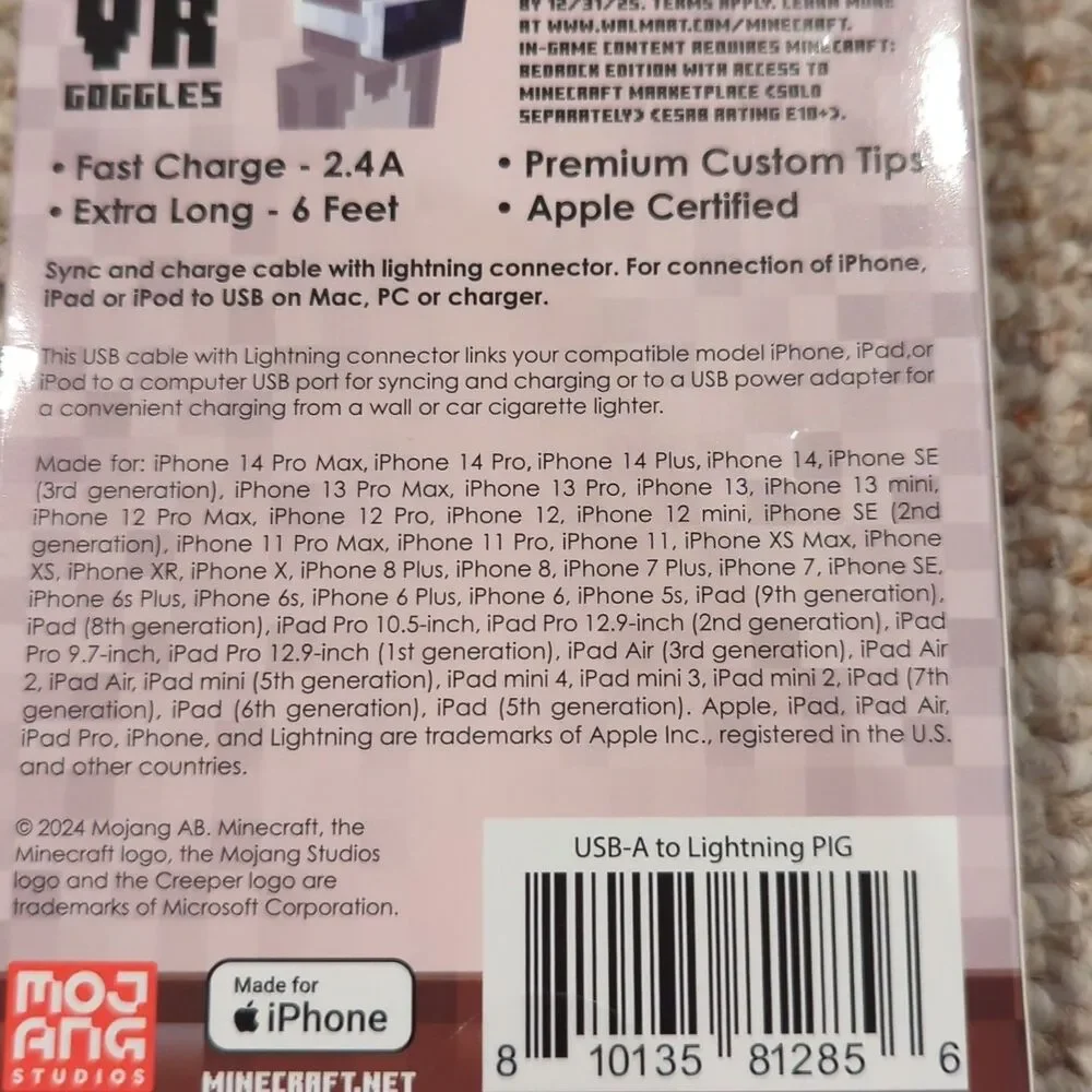 Minecraft USB-A to Lightning Pig 6ft Fast Charge Cable MFi Certified